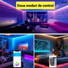 Banda LED RGB EDAR 5m, Bluetooth, Control prin Aplicatie si Telecomanda, LED 2835, IP65, Jocuri de Lumini si Muzica, Kit cu T...