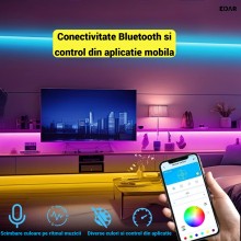 Banda LED RGB EDAR 5m, Bluetooth, Control prin Aplicatie si Telecomanda, LED 2835, IP65, Jocuri de Lumini si Muzica, Kit cu T...
