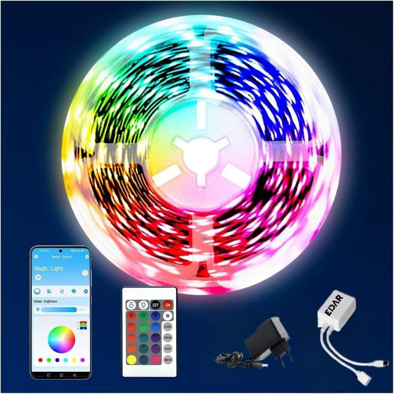 Banda LED RGB EDAR 5m, Bluetooth, Control prin Aplicatie si Telecomanda, LED 2835, IP65, Jocuri de Lumini si Muzica, Kit cu T...