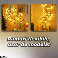 Ghirlanda Led Decorativa EDAR, Creanga Flexibilia, Luminoasa, Cu Frunze Verzi, Moduri De Lumina La Alegere, Alimentare Prin U...