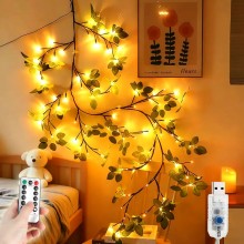Ghirlanda Led Decorativa EDAR, Creanga Flexibilia, Luminoasa, Cu Frunze Verzi, Moduri De Lumina La Alegere, Alimentare Prin U...