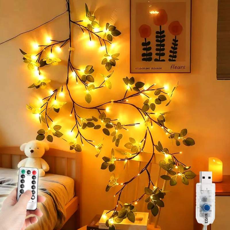 Ghirlanda Led Decorativa EDAR, Creanga Flexibilia, Luminoasa, Cu Frunze Verzi, Moduri De Lumina La Alegere, Alimentare Prin U...