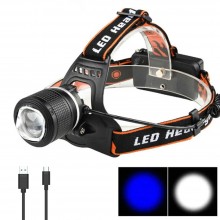Lanterna Frontala De Cap SIKS Cu Zoom Pentru Pescuit, Vanatoare, Camping, Drumetii, T6 White Light Si Blue Light, 3 Moduri De...