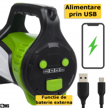 Lanterna Led De Mana Portabila SIKS, Puternica, 300W, 5 Moduri De Iluminare, Lumina Rosie si Alba Laterala, Rezistenta la Apa...
