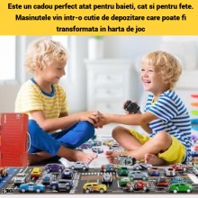 Set 48 Masinute Metalice si Camioane Cu Tractiune SIKS, Cutie Depozitare Tip Container Transformabila In Harta de Joc, Modele...