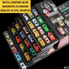 Set 48 Masinute Metalice si Camioane Cu Tractiune SIKS, Cutie Depozitare Tip Container Transformabila In Harta de Joc, Modele...