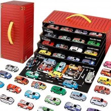 Set 48 Masinute Metalice si Camioane Cu Tractiune SIKS, Cutie Depozitare Tip Container Transformabila In Harta de Joc, Modele...