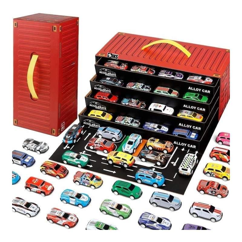 Set 48 Masinute Metalice si Camioane Cu Tractiune SIKS, Cutie Depozitare Tip Container Transformabila In Harta de Joc, Modele...