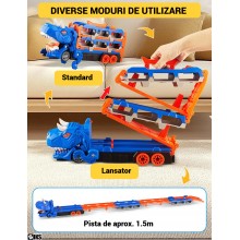 Jucarie Copii Camion Transporter Dinozaur T-Rex SIKS, Mega Set 8 In 1, Functie Garaj si Organizator Masinute, Lansator Auto I...