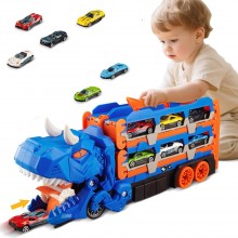 Jucarie Copii Camion Transporter Dinozaur T-Rex SIKS, Mega Set 8 In 1, Functie Garaj si Organizator Masinute, Lansator Auto I...