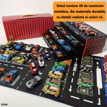 Set 48 Masinute Metalice si Camioane EDAR cu Tractiune, Cutie Container Transformabila in Covor de Joaca, Modele Diverse din ...