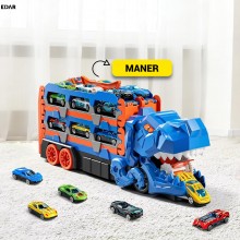 Camion Transporter Dinozaur T-Rex EDAR Model 8 in 1, Garaj Masinute cu Lansator, 6 Masini Metalice, Jucarie Copii 3+, Culoare...