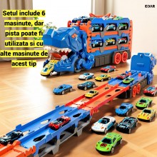 Camion Transporter Dinozaur T-Rex EDAR Model 8 in 1, Garaj Masinute cu Lansator, 6 Masini Metalice, Jucarie Copii 3+, Culoare...