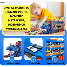 Camion Transporter Dinozaur T-Rex EDAR Model 8 in 1, Garaj Masinute cu Lansator, 6 Masini Metalice, Jucarie Copii 3+, Culoare...