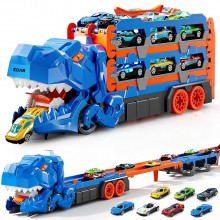 Camion Transporter Dinozaur T-Rex EDAR Model 8 in 1, Garaj Masinute cu Lansator, 6 Masini Metalice, Jucarie Copii 3+, Culoare...
