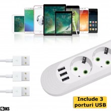 Prelungitor Priza Cu Usb Si 5 Prize Schuko Pentru Casa Si Birou SIKS, 3 Porturi USB, In Total 8 Iesiri, Putere Maxima 2500W, ...