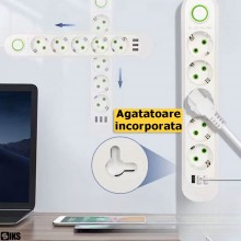 Prelungitor Priza Cu Usb Si 5 Prize Schuko Pentru Casa Si Birou SIKS, 3 Porturi USB, In Total 8 Iesiri, Putere Maxima 2500W, ...