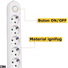 Prelungitor Priza Cu Usb Si 5 Prize Schuko Pentru Casa Si Birou SIKS, 3 Porturi USB, In Total 8 Iesiri, Putere Maxima 2500W, ...
