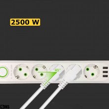 Prelungitor Priza Cu Usb Si 5 Prize Schuko Pentru Casa Si Birou SIKS, 3 Porturi USB, In Total 8 Iesiri, Putere Maxima 2500W, ...