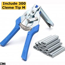 Cleste Profesional SIKS Pentru Legat Garduri din Sarma, Plasa Sau Tapiterie, Kit Capsat cu 300 Cleme Tip M Incluse, Otel Mang...
