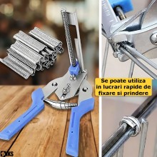 Cleste Profesional SIKS Pentru Legat Garduri din Sarma, Plasa Sau Tapiterie, Kit Capsat cu 300 Cleme Tip M Incluse, Otel Mang...