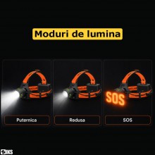 Lanterna Profesionala SIKS De Cap Pentru Pescuit, Camping, Vanatoare, Putere Ultra White 30W, 3000 Lumeni, Zoom Telescopic, F...