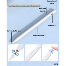Stylus Pen Universal EDAR cu Afisaj LED, 4 Niveluri Baterie, Compatibil iOS, Android Si Windows, Prindere Magnetica, Autonomi...