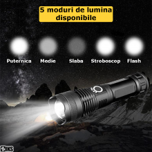 Lanterna Tactica Profesionala LED SIKS, 5000 lm, Zoom Telescopic, 5 Moduri Lumina, Incarcare USB, Indicator Baterie, Acumulat...