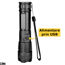 Lanterna Tactica Profesionala LED SIKS, 5000 lm, Zoom Telescopic, 5 Moduri Lumina, Incarcare USB, Indicator Baterie, Acumulat...
