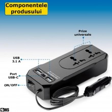 Invertor De Tensiune Auto Inteligent SIKS, Conversie Tensiune 12V-24V La 220V, 150W, Priza Universala, Incarca Laptop/Aparate...