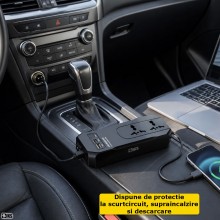 Invertor De Tensiune Auto Inteligent SIKS, Conversie Tensiune 12V-24V La 220V, 150W, Priza Universala, Incarca Laptop/Aparate...