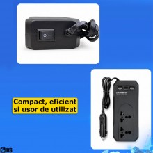 Invertor De Tensiune Auto Inteligent SIKS, Conversie Tensiune 12V-24V La 220V, 150W, Priza Universala, Incarca Laptop/Aparate...