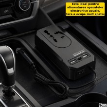 Invertor De Tensiune Auto Inteligent SIKS, Conversie Tensiune 12V-24V La 220V, 150W, Priza Universala, Incarca Laptop/Aparate...