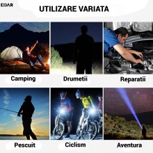 Lanterna Tactica LED EDAR Profesionala pentru Camping, Vanatoare si Pescuit, Ultra-Bright, Aluminiu Aerospatial, IPX5, USB Re...