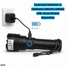 Lanterna Tactica LED EDAR Profesionala pentru Camping, Vanatoare si Pescuit, Ultra-Bright, Aluminiu Aerospatial, IPX5, USB Re...