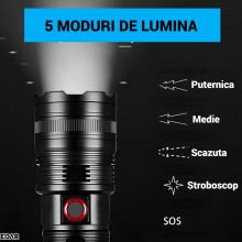 Lanterna Tactica LED EDAR Profesionala pentru Camping, Vanatoare si Pescuit, Ultra-Bright, Aluminiu Aerospatial, IPX5, USB Re...