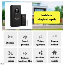 Sonerie Wireless EDAR cu Baterii, Rezistenta la Apa, 50 m, Interior/Exterior, Set Transmitator si Receptor, Volum Ajustabil, ...