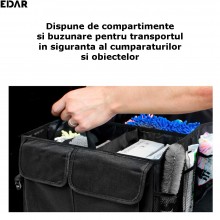 Organizator Auto Portbagaj EDAR, Pliabil, Compartimente Si Buzunare, Textil, Rezistent, Catarame Fixare, 56 x 40 x 26 cm, Negru