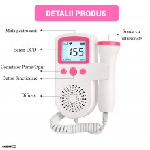 Monitor Fetal Doppler Portabil EDAR, Ecran LCD 4.5 cm, Sonda 3.0 MHz, Utilizare de la 9 Saptamani, Roz/Alb