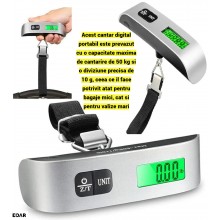 Cantar Digital de Mana pentru Bagaje EDAR, Portabil, Capacitate 50 Kg, Afisaj LCD, Functie Tare, Indicator Suprasarcina, Schi...