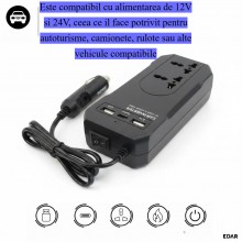 Invertor de Tensiune Auto EDAR 150W, 12V/24V la 220V, Priza Universala, USB + Type-C, Protecție Suprasarcina, Negru Invertor de Tensiune Auto EDAR 150W, 12V/24V la 220V, Priza Universala, USB + Type-C, Protecție Suprasarcina, Negru