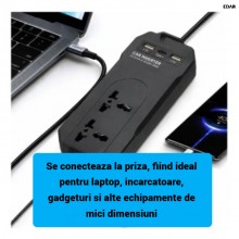 Invertor de Tensiune Auto EDAR 150W, 12V/24V la 220V, Priza Universala, USB + Type-C, Protecție Suprasarcina, Negru