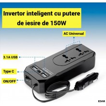 Invertor de Tensiune Auto EDAR 150W, 12V/24V la 220V, Priza Universala, USB + Type-C, Protecție Suprasarcina, Negru Invertor de Tensiune Auto EDAR 150W, 12V/24V la 220V, Priza Universala, USB + Type-C, Protecție Suprasarcina, Negru
