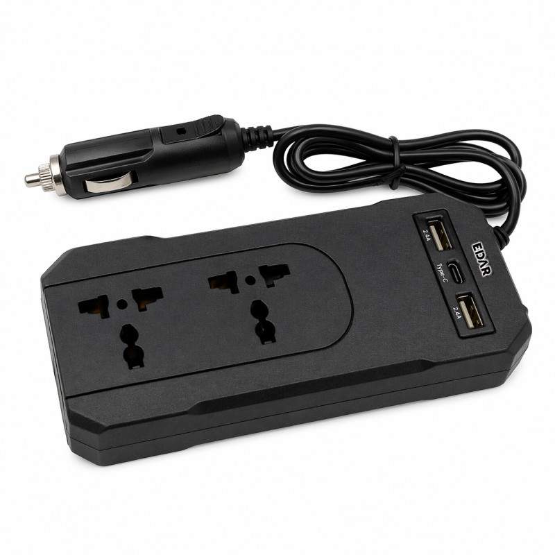 Invertor de Tensiune Auto EDAR 150W, 12V/24V la 220V, Priza Universala, USB + Type-C, Protecție Suprasarcina, Negru Invertor de Tensiune Auto EDAR 150W, 12V/24V la 220V, Priza Universala, USB + Type-C, Protecție Suprasarcina, Negru