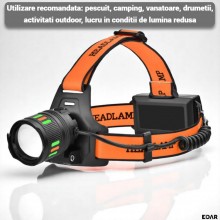 Lanterna de Cap Profesionala EDAR 30W 3000 Lumeni, Frontala, Zoom Telescopic, USB, 2 Acumulatori, Mod SOS, Waterproof, Portoc...