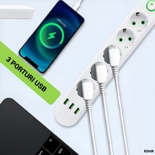 Prelungitor EDAR cu 5 Prize Schuko si 3 Porturi USB, 8 Iesiri, 2500W, Material Ignifug 750°C, Protectie Copii, Buton On/Off, ... Prelungitor EDAR cu 5 Prize Schuko si 3 Porturi USB, 8 Iesiri, 2500W, Material Ignifug 750°C, Protectie Copii, Buton On/Off, ...