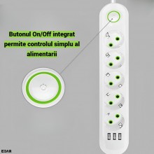 Prelungitor EDAR cu 5 Prize Schuko si 3 Porturi USB, 8 Iesiri, 2500W, Material Ignifug 750°C, Protectie Copii, Buton On/Off, ... Prelungitor EDAR cu 5 Prize Schuko si 3 Porturi USB, 8 Iesiri, 2500W, Material Ignifug 750°C, Protectie Copii, Buton On/Off, ...