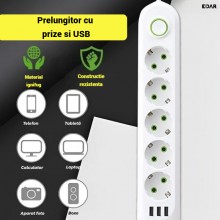 Prelungitor EDAR cu 5 Prize Schuko si 3 Porturi USB, 8 Iesiri, 2500W, Material Ignifug 750°C, Protectie Copii, Buton On/Off, ...
