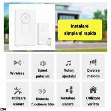 Sonerie Wireless SIKS Pentru Casa, Apartament, Poarta Cu Baterii, Fara Fir, Rezistenta La Apa, Distanta Functionare 50 Metri,...