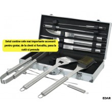 Set Ustensile Gratar Profesionale EDAR, 10 Piese, Otel Inoxidabil, Servieta Depozitare, Pensula, Cutit, Furculita, Clesti, Be...